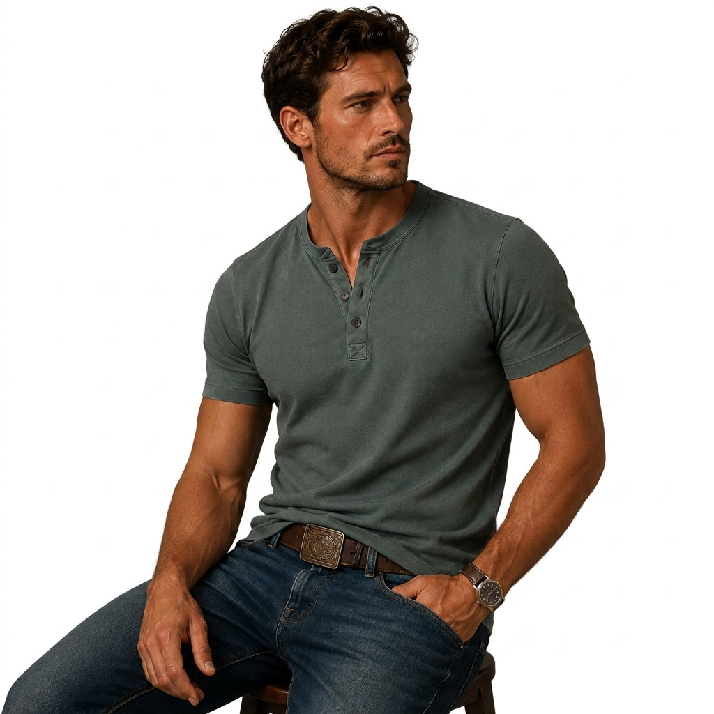 Hombre Camiseta Henley Manga Corta Cuello Redondo Tres Botones-T-shirt for men-Casaluzia