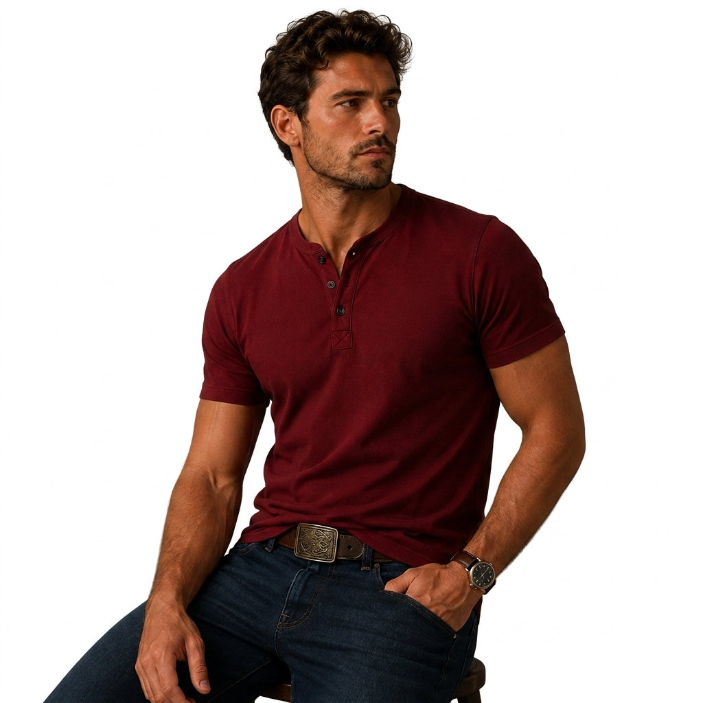Hombre Camiseta Henley Manga Corta Cuello Redondo Tres Botones-T-shirt for men-Casaluzia