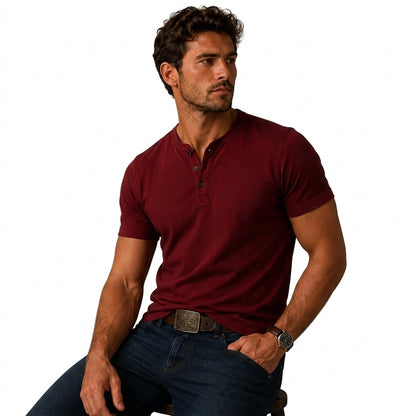 Hombre Camiseta Henley Manga Corta Cuello Redondo Tres Botones-T-shirt for men-Casaluzia