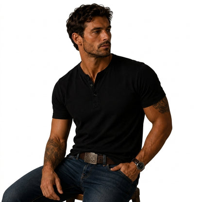 Hombre Camiseta Henley Manga Corta Cuello Redondo Tres Botones-T-shirt for men-Casaluzia