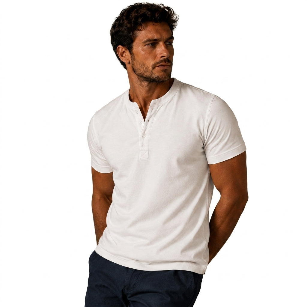 Hombre Camiseta Henley Manga Corta Cuello Redondo Tres Botones-T-shirt for men-Casaluzia