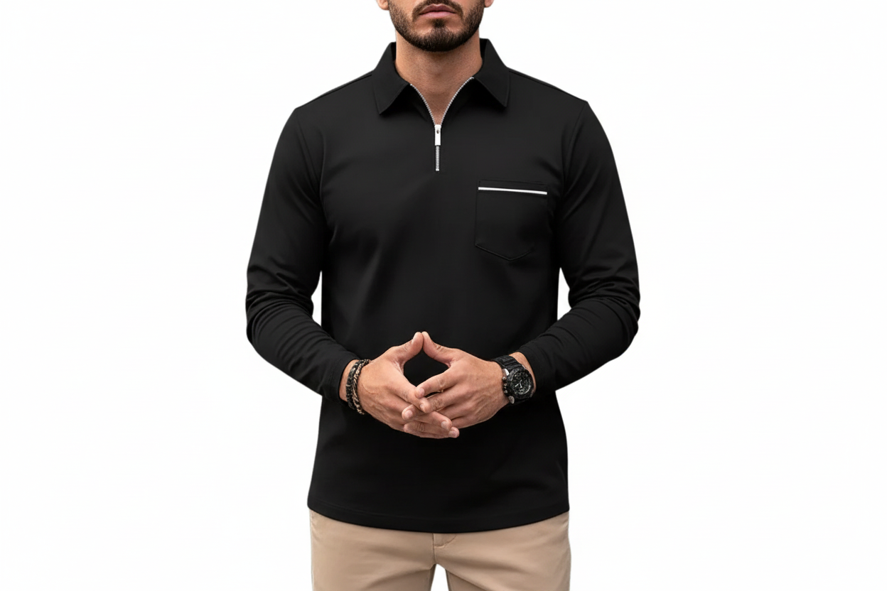 Hombre Camiseta Polo de Manga Larga con Cremallera Media y Bolsillo en el Pecho-Shirts for men-Casaluzia