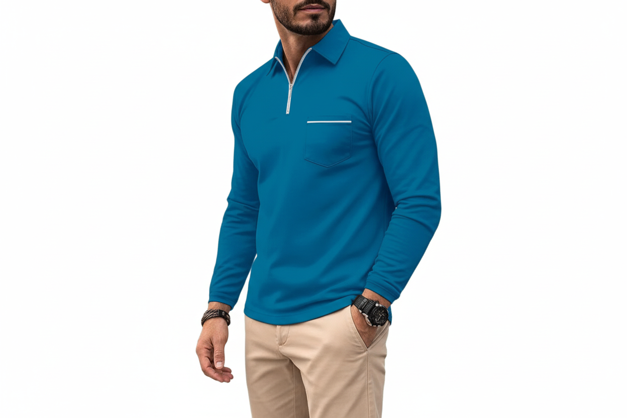 Hombre Camiseta Polo de Manga Larga con Cremallera Media y Bolsillo en el Pecho-Shirts for men-Casaluzia