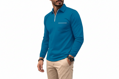 Hombre Camiseta Polo de Manga Larga con Cremallera Media y Bolsillo en el Pecho-Shirts for men-Casaluzia
