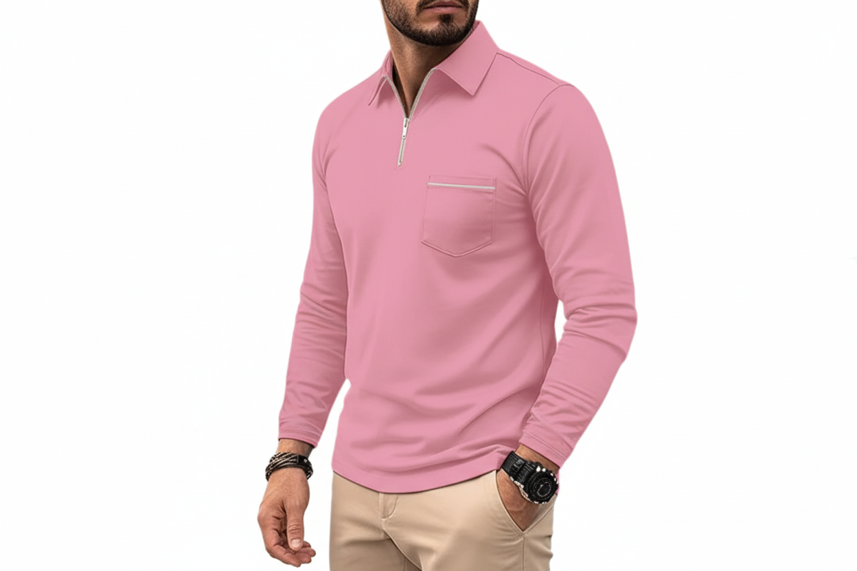Hombre Camiseta Polo de Manga Larga con Cremallera Media y Bolsillo en el Pecho-Shirts for men-Casaluzia