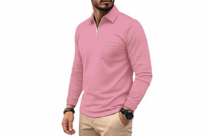 Hombre Camiseta Polo de Manga Larga con Cremallera Media y Bolsillo en el Pecho-Shirts for men-Casaluzia
