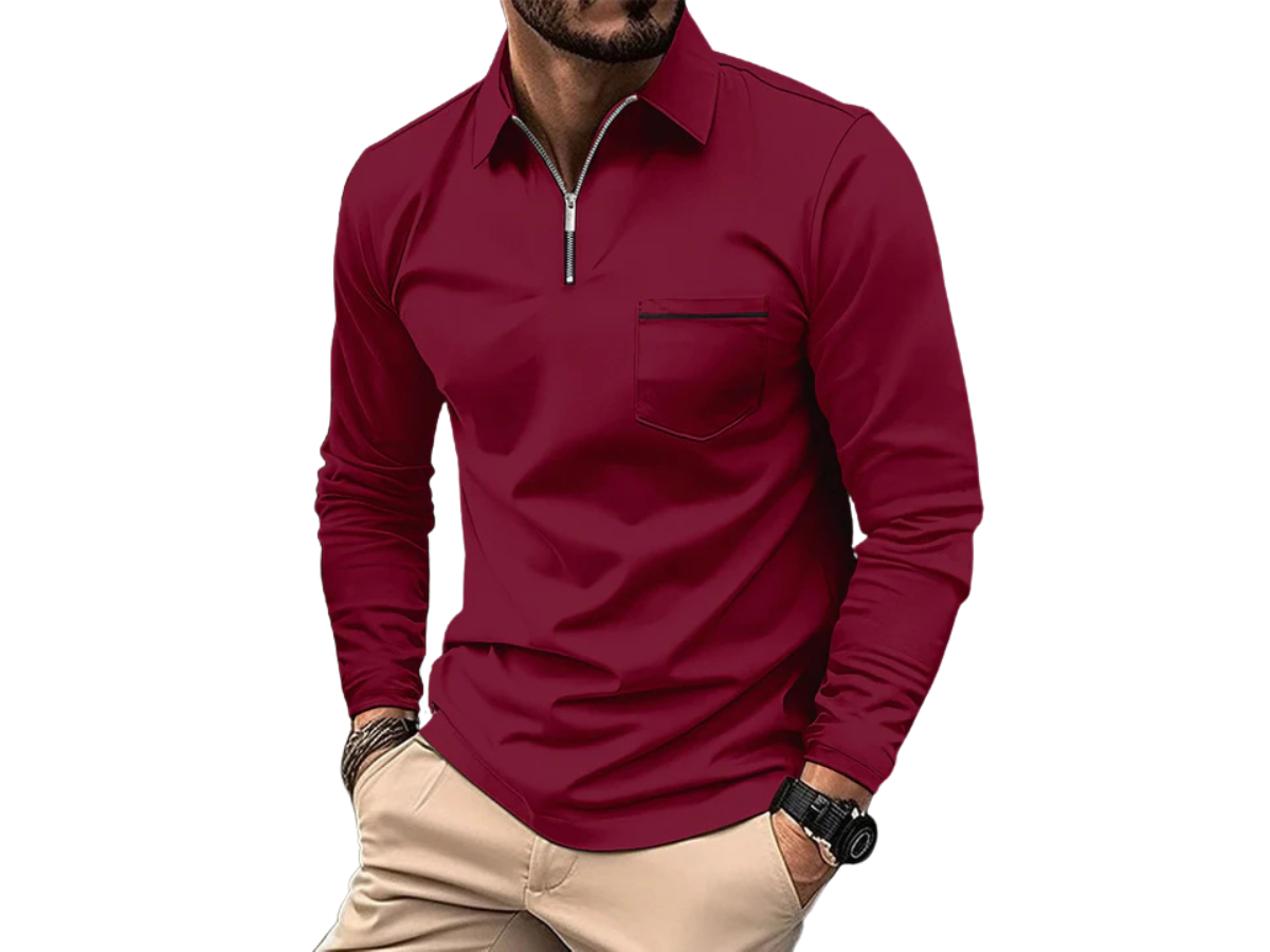 Hombre Camiseta Polo de Manga Larga con Cremallera Media y Bolsillo en el Pecho-Shirts for men-Casaluzia