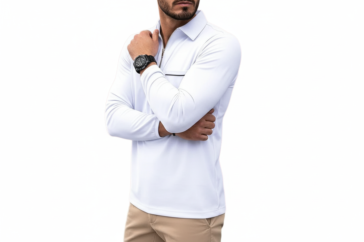 Hombre Camiseta Polo de Manga Larga con Cremallera Media y Bolsillo en el Pecho-Shirts for men-Casaluzia