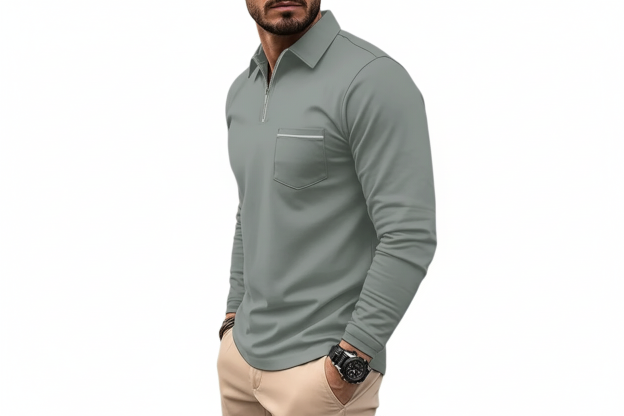 Hombre Camiseta Polo de Manga Larga con Cremallera Media y Bolsillo en el Pecho-Shirts for men-Casaluzia