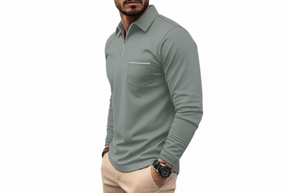 Hombre Camiseta Polo de Manga Larga con Cremallera Media y Bolsillo en el Pecho-Shirts for men-Casaluzia