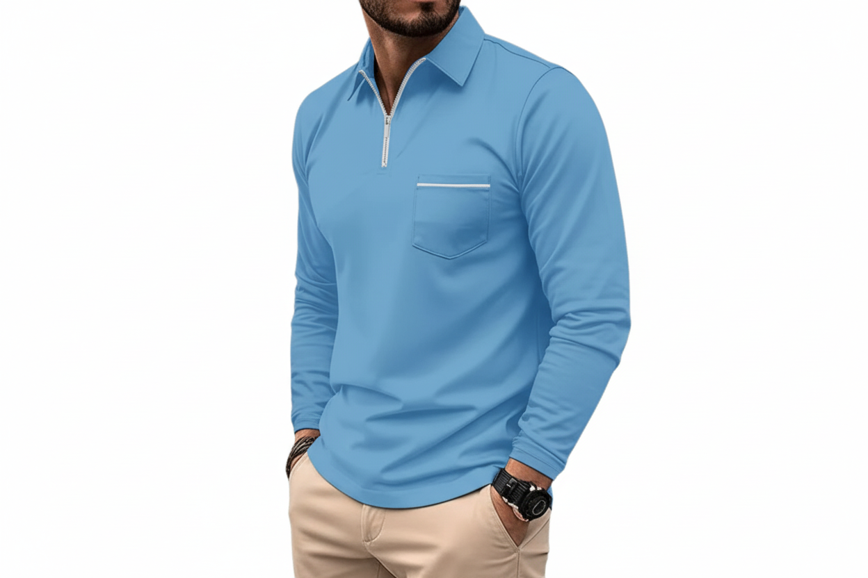 Hombre Camiseta Polo de Manga Larga con Cremallera Media y Bolsillo en el Pecho-Shirts for men-Casaluzia