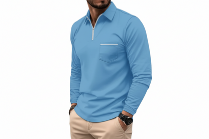 Hombre Camiseta Polo de Manga Larga con Cremallera Media y Bolsillo en el Pecho-Shirts for men-Casaluzia