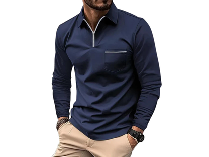 Hombre Camiseta Polo de Manga Larga con Cremallera Media y Bolsillo en el Pecho-Shirts for men-Casaluzia