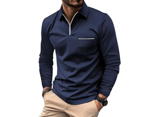 Hombre Camiseta Polo de Manga Larga con Cremallera Media y Bolsillo en el Pecho-Shirts for men-Casaluzia