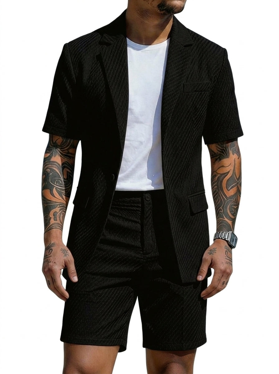 Hombre Conjunto de blazer de manga corta y pantalones cortos con textura ondulada-Sets for Men-Casaluzia