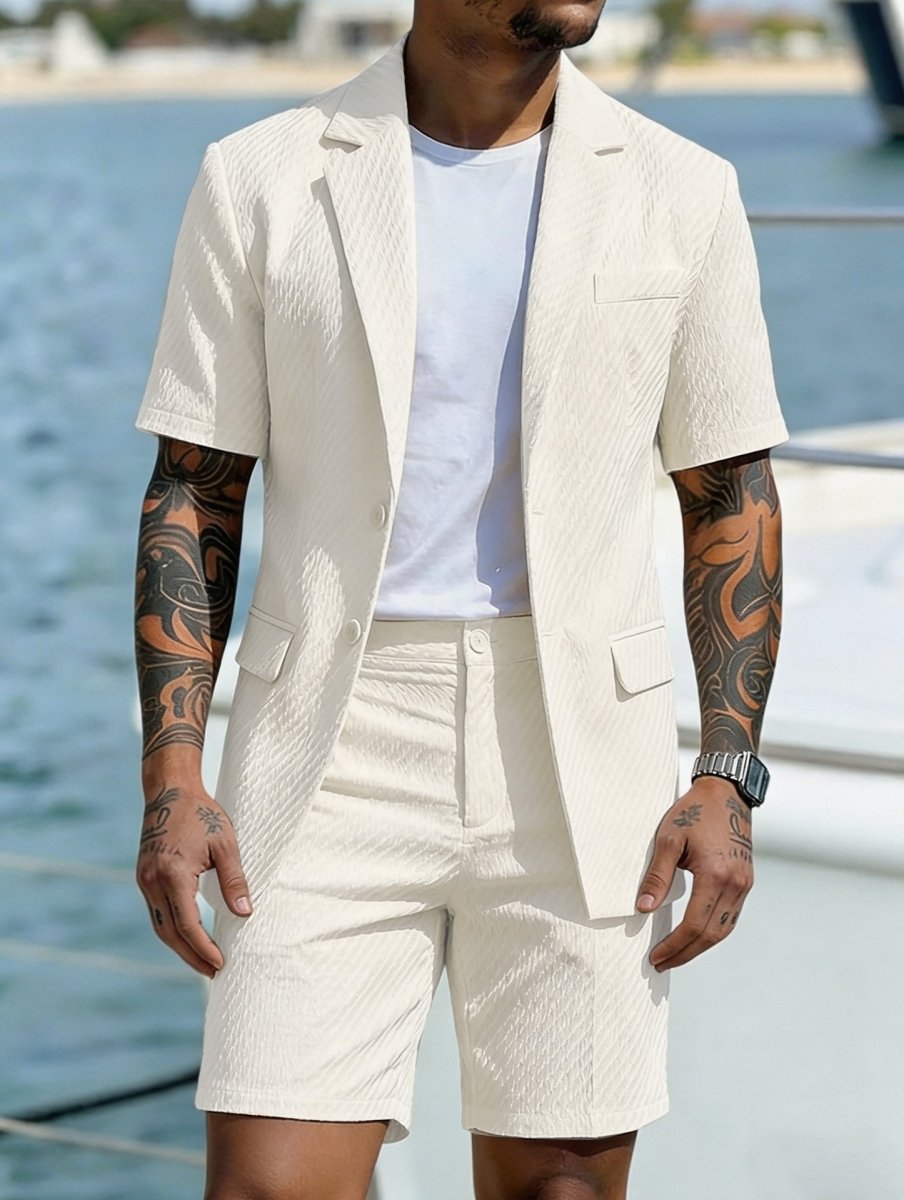 Hombre Conjunto de blazer de manga corta y pantalones cortos con textura ondulada-Sets for Men-Casaluzia