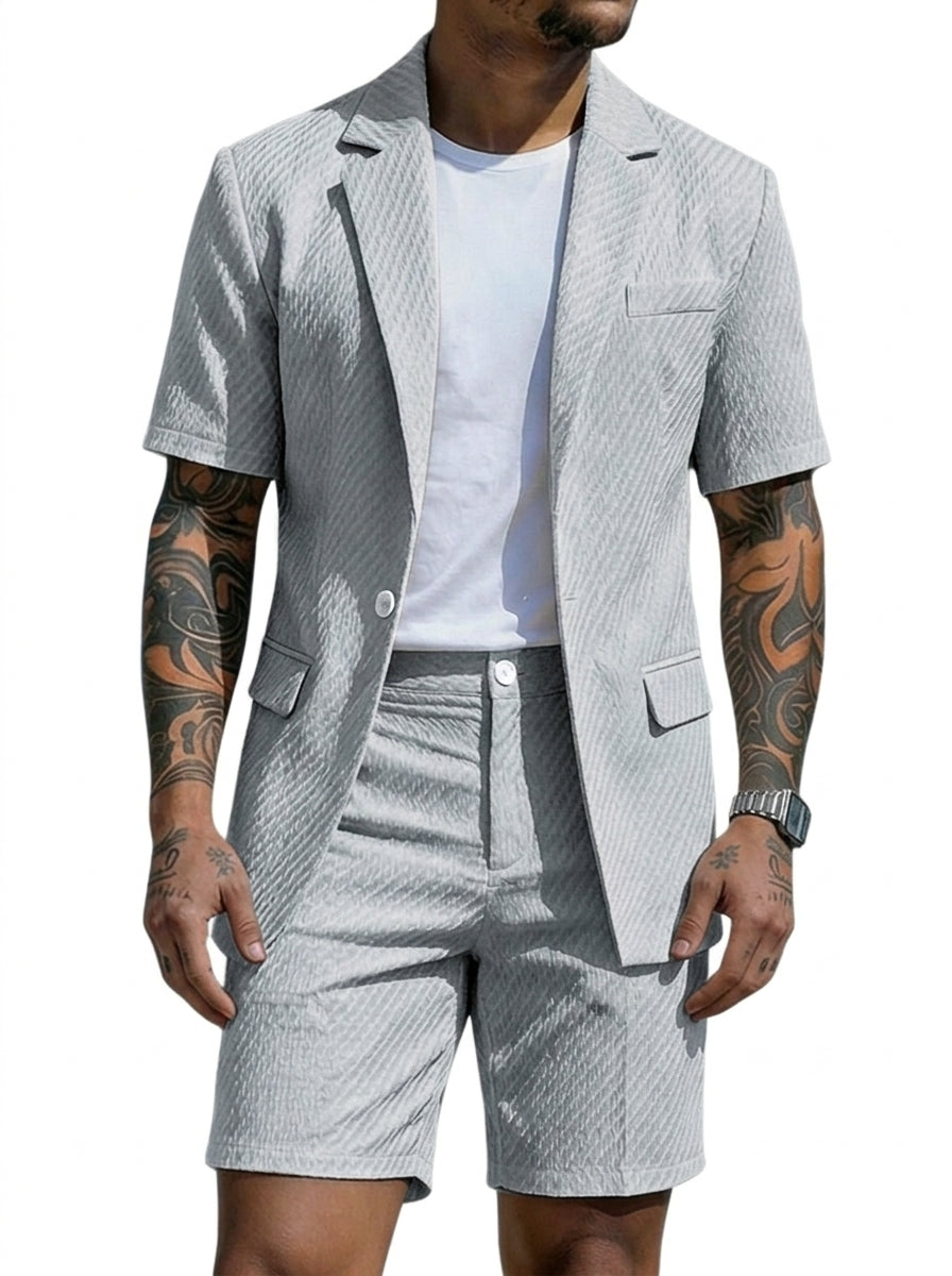 Hombre Conjunto de blazer de manga corta y pantalones cortos con textura ondulada-Sets for Men-Casaluzia