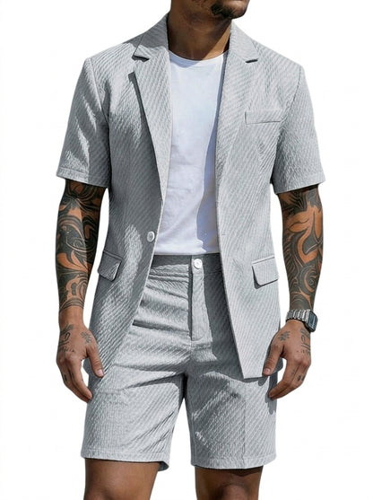 Hombre Conjunto de blazer de manga corta y pantalones cortos con textura ondulada-Sets for Men-Casaluzia