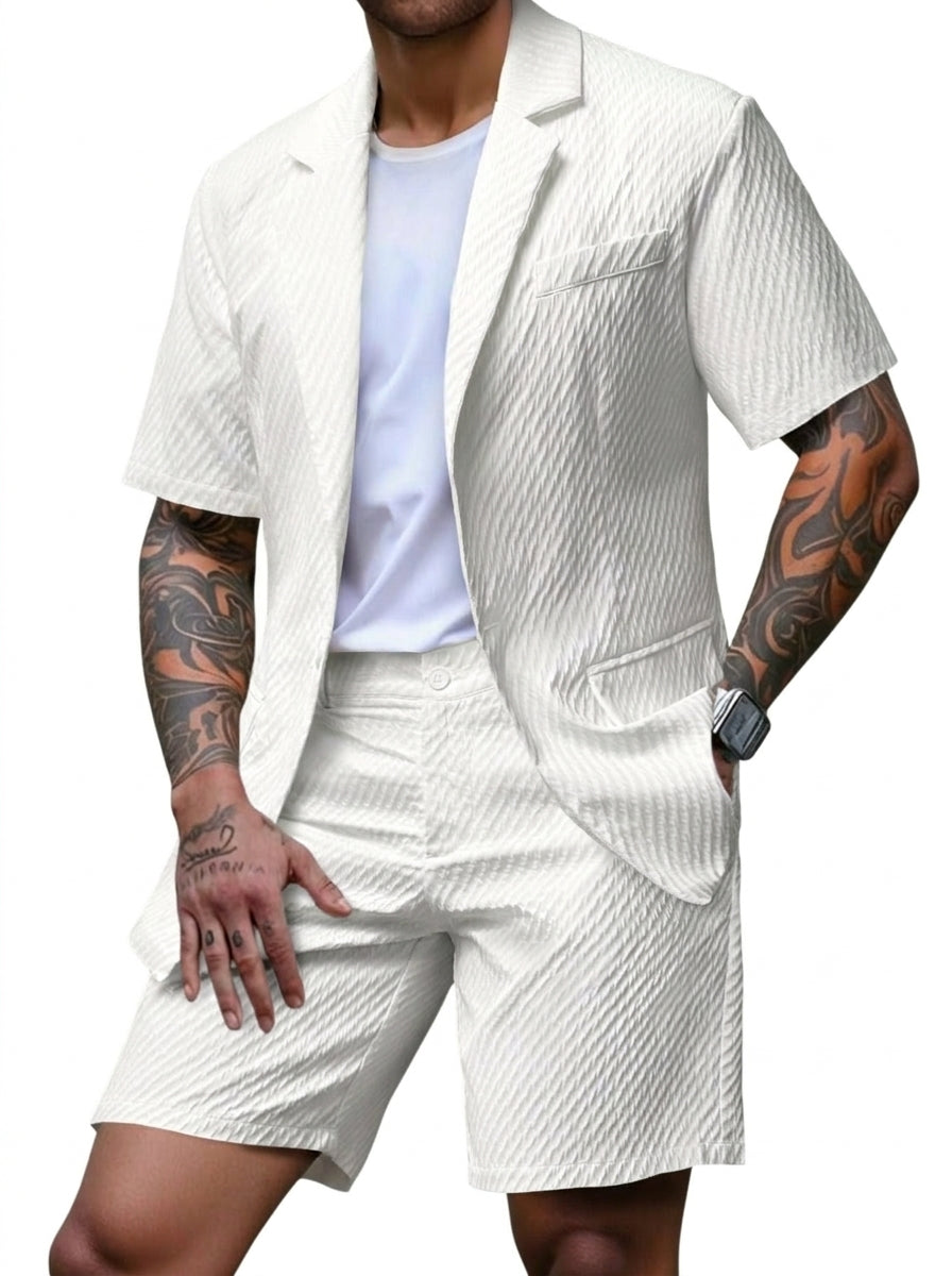 Hombre Conjunto de blazer de manga corta y pantalones cortos con textura ondulada-Sets for Men-Casaluzia