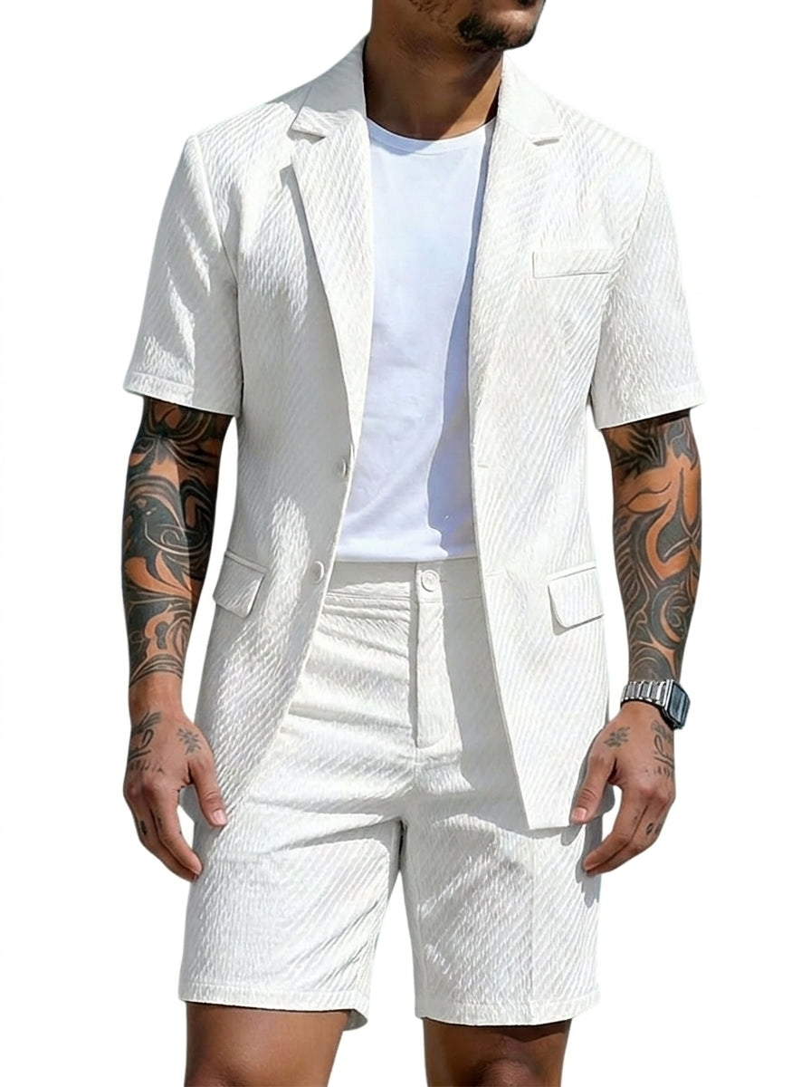 Hombre Conjunto de blazer de manga corta y pantalones cortos con textura ondulada-Sets for Men-Casaluzia