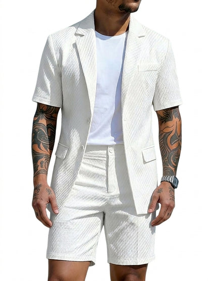 Hombre Conjunto de blazer de manga corta y pantalones cortos con textura ondulada-Sets for Men-Casaluzia