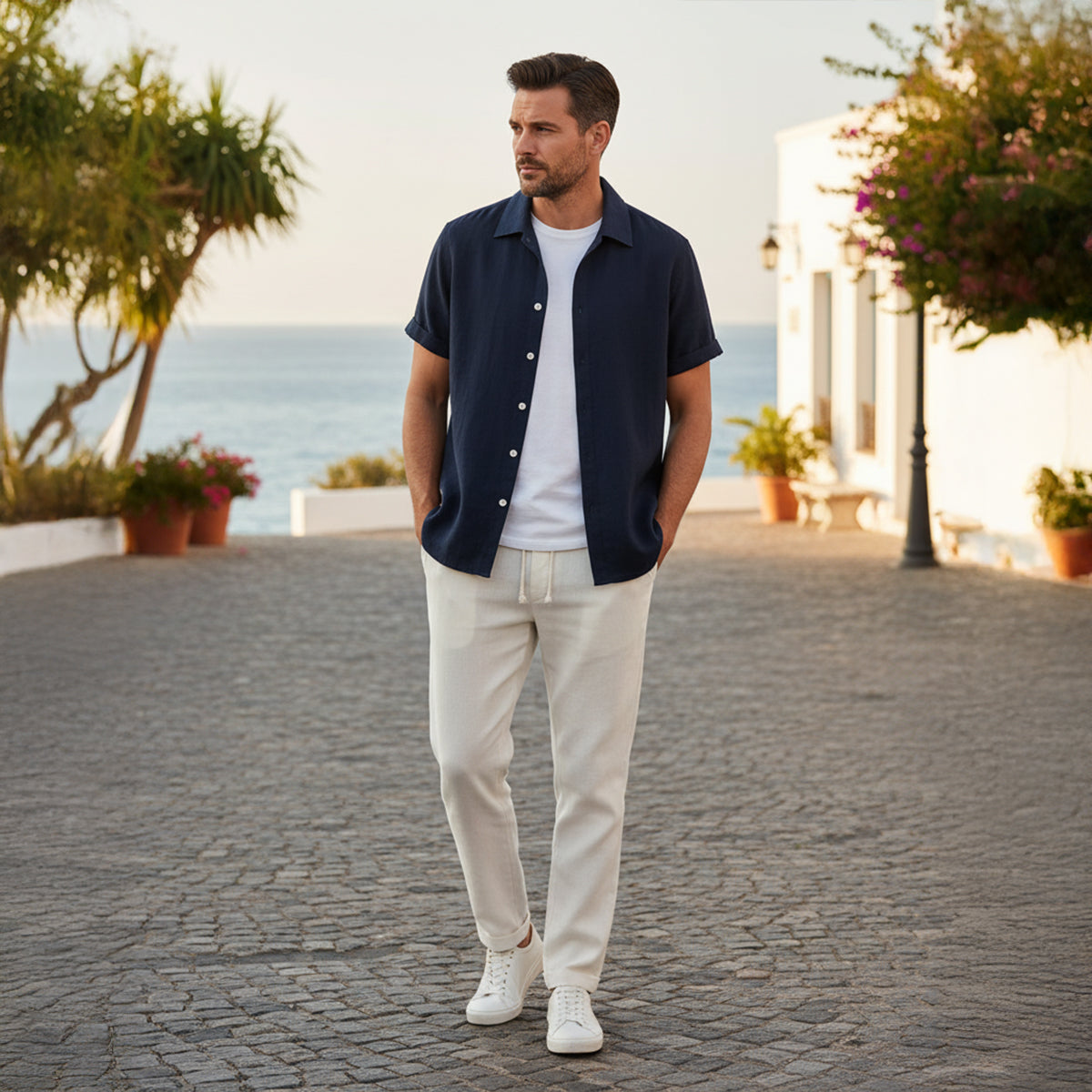 Hombre Conjunto de Camisa de Manga Corta con Cuello de Solapa y Pantalón con Cintura Elástica-Sets for Men-Casaluzia