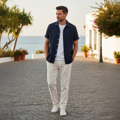 Hombre Conjunto de Camisa de Manga Corta con Cuello de Solapa y Pantalón con Cintura Elástica-Sets for Men-Casaluzia