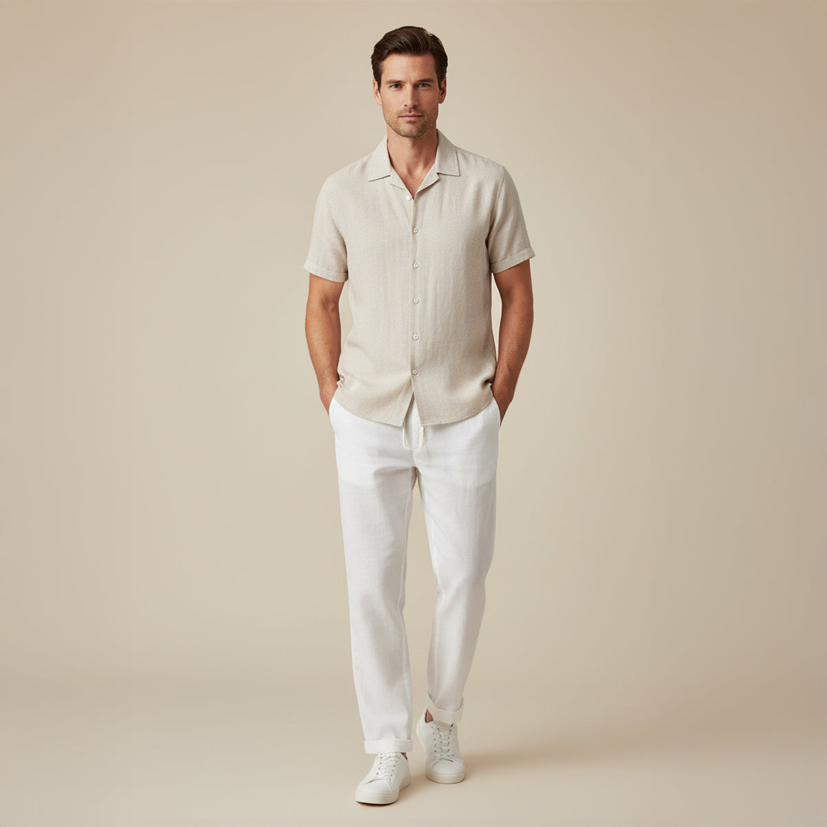 Hombre Conjunto de Camisa de Manga Corta con Cuello de Solapa y Pantalón con Cintura Elástica-Sets for Men-Casaluzia