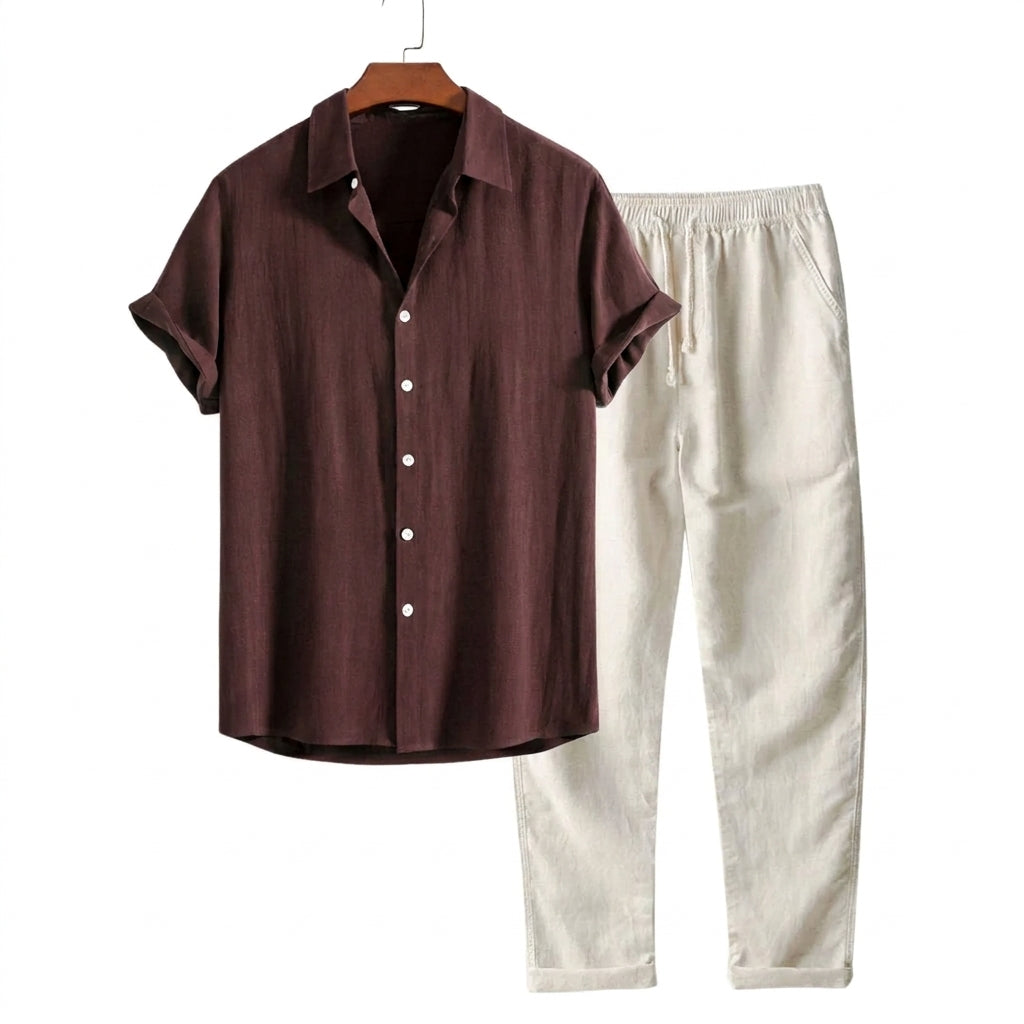 Hombre Conjunto de Camisa de Manga Corta con Cuello de Solapa y Pantalón con Cintura Elástica-Sets for Men-Casaluzia