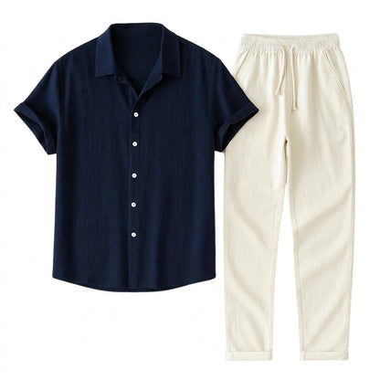 Hombre Conjunto de Camisa de Manga Corta con Cuello de Solapa y Pantalón con Cintura Elástica-Sets for Men-Casaluzia