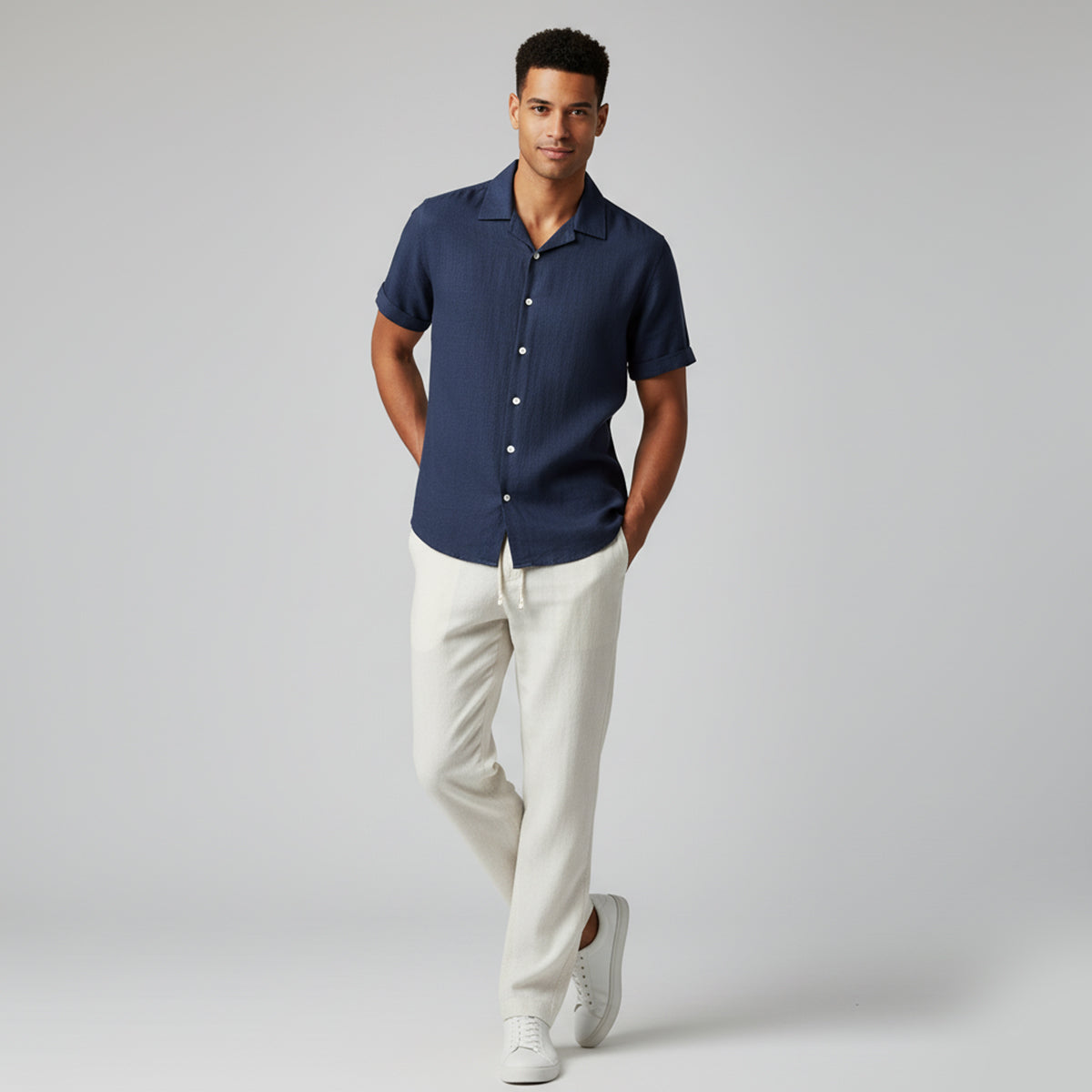 Hombre Conjunto de Camisa de Manga Corta con Cuello de Solapa y Pantalón con Cintura Elástica-Sets for Men-Casaluzia