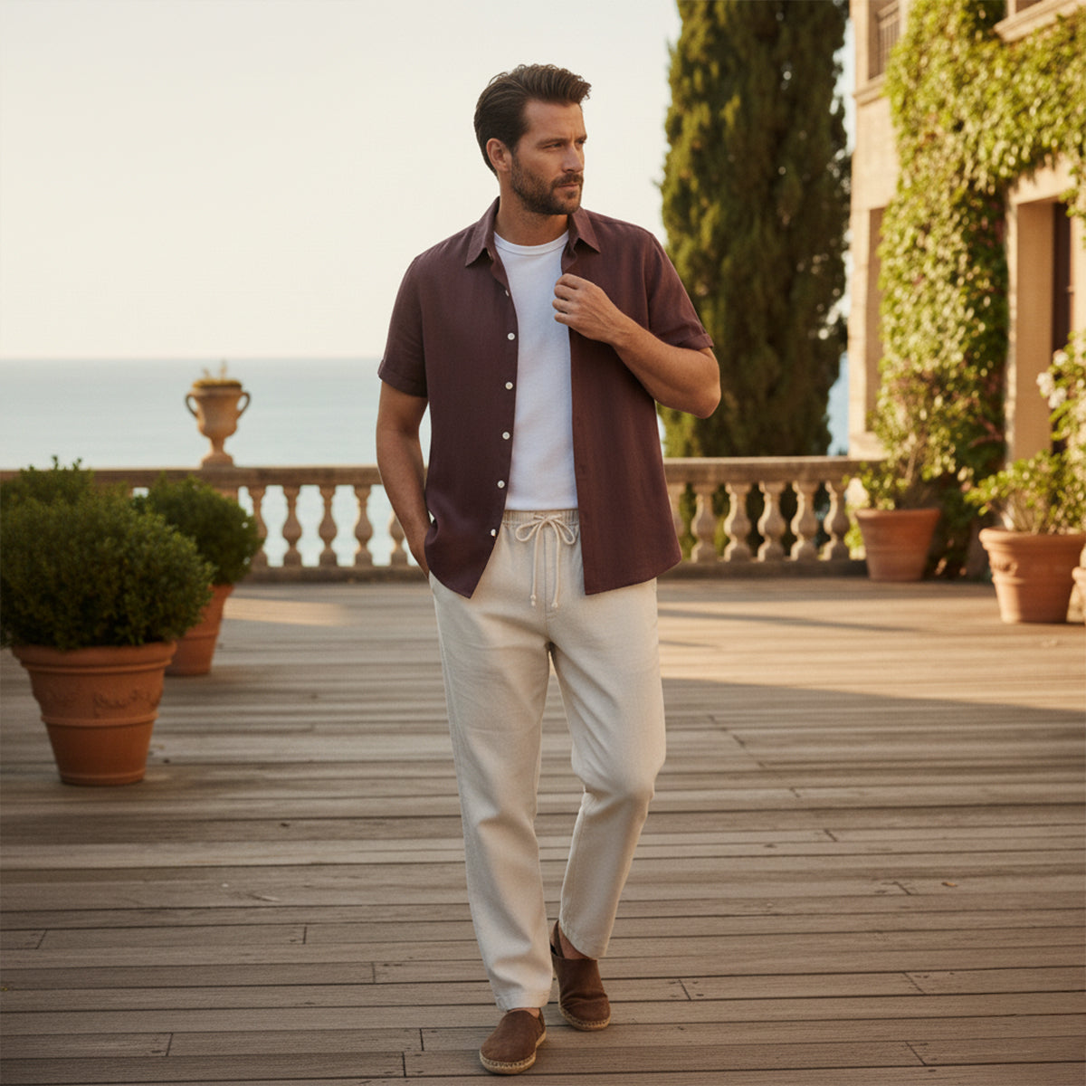 Hombre Conjunto de Camisa de Manga Corta con Cuello de Solapa y Pantalón con Cintura Elástica-Sets for Men-Casaluzia