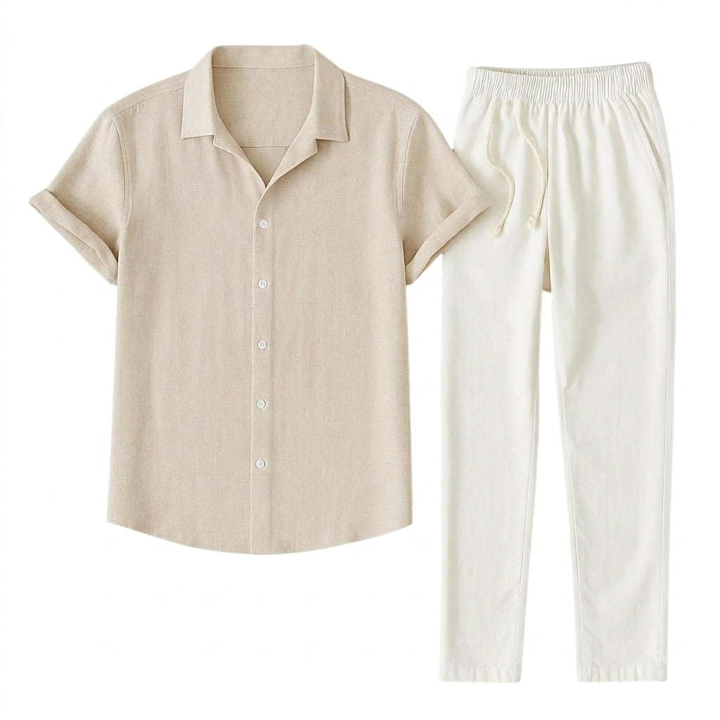 Hombre Conjunto de Camisa de Manga Corta con Cuello de Solapa y Pantalón con Cintura Elástica-Sets for Men-Casaluzia