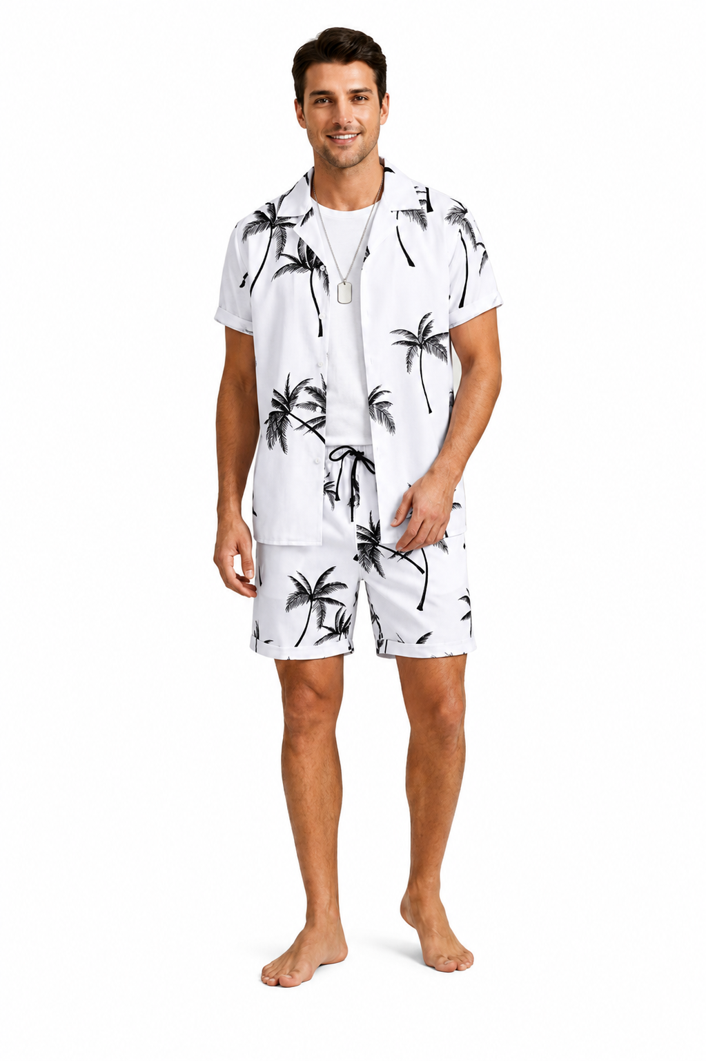 Hombre Conjunto de Camisa de Manga Corta y Shorts con Estampado de Palmeras-Sets for Men-Casaluzia