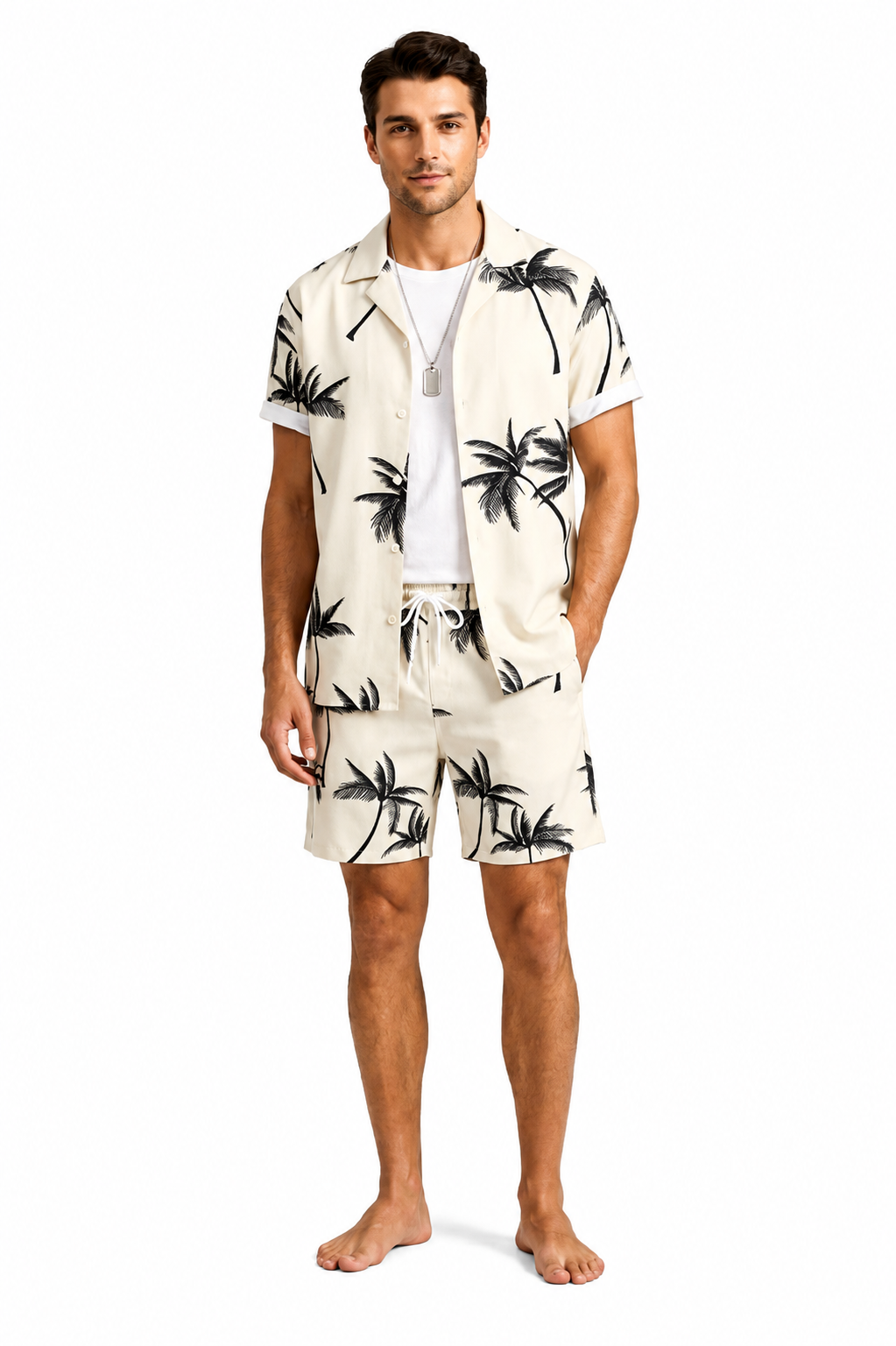 Hombre Conjunto de Camisa de Manga Corta y Shorts con Estampado de Palmeras-Sets for Men-Casaluzia