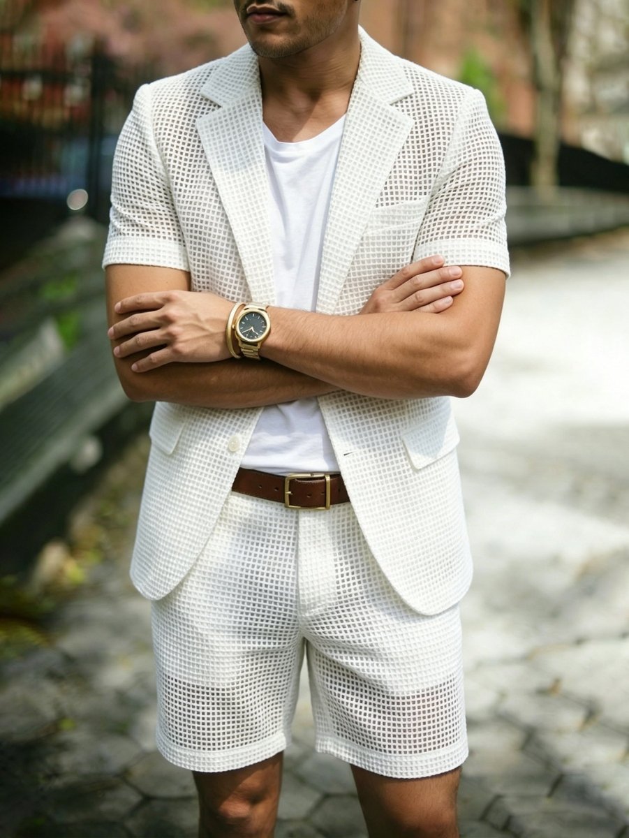 Hombre Conjunto de Chaqueta de Manga Corta y Pantalones Cortos con Textura de Malla-Sets for Men-Casaluzia