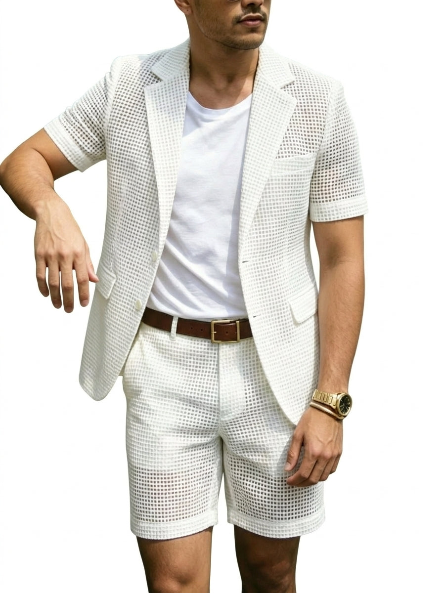 Hombre Conjunto de Chaqueta de Manga Corta y Pantalones Cortos con Textura de Malla-Sets for Men-Casaluzia