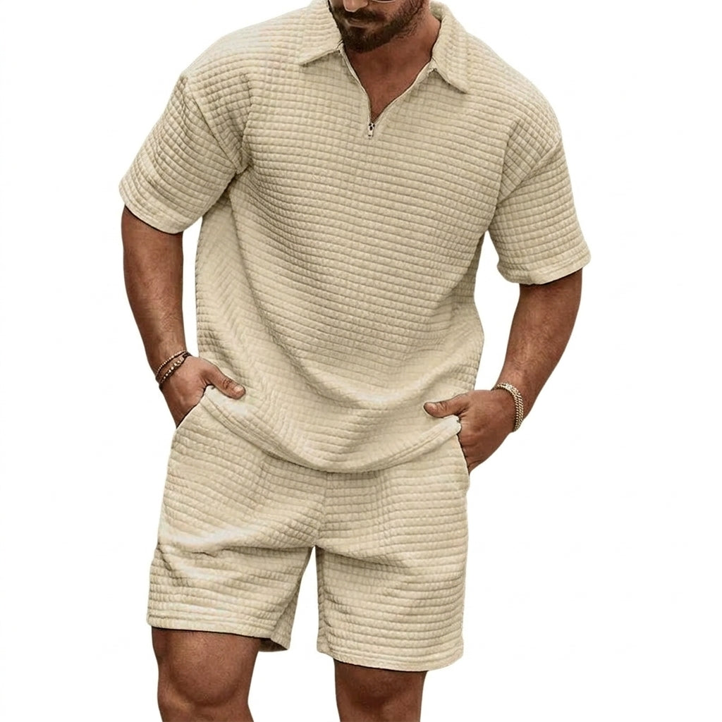 Hombre Conjunto de Polo con Cremallera y Pantalones Cortos con Textura de Cuadrícula-Sets for Men-Casaluzia