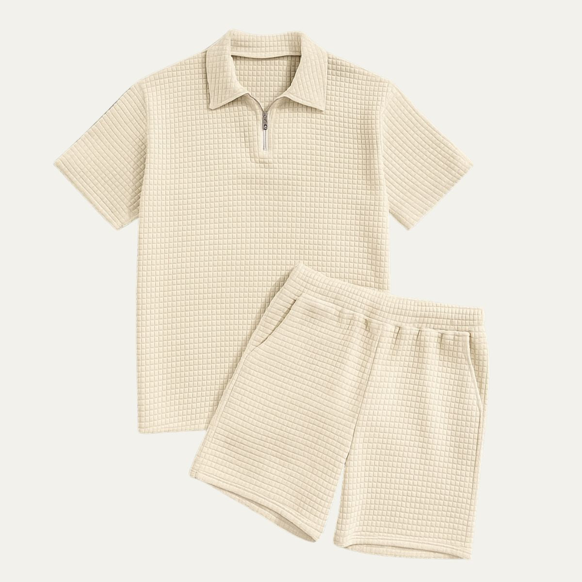 Hombre Conjunto de Polo con Cremallera y Pantalones Cortos con Textura de Cuadrícula-Sets for Men-Casaluzia