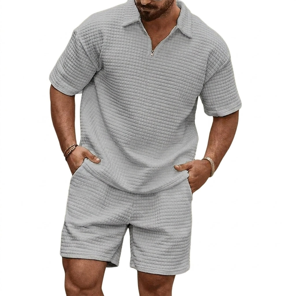 Hombre Conjunto de Polo con Cremallera y Pantalones Cortos con Textura de Cuadrícula-Sets for Men-Casaluzia
