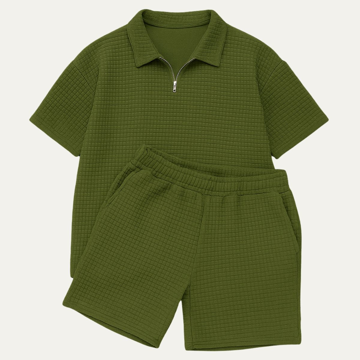 Hombre Conjunto de Polo con Cremallera y Pantalones Cortos con Textura de Cuadrícula-Sets for Men-Casaluzia