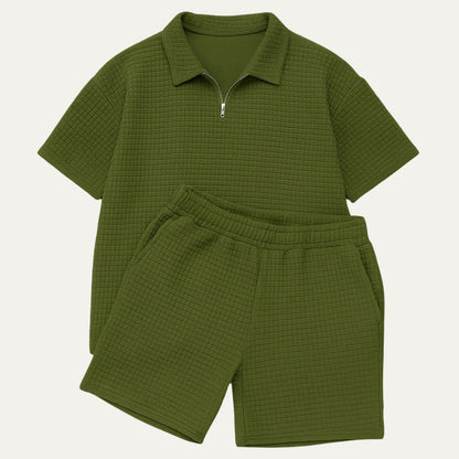Hombre Conjunto de Polo con Cremallera y Pantalones Cortos con Textura de Cuadrícula-Sets for Men-Casaluzia