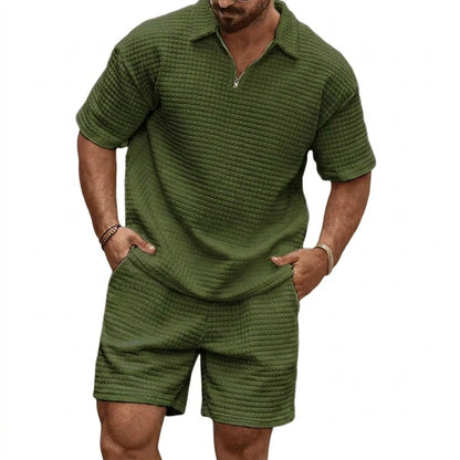 Hombre Conjunto de Polo con Cremallera y Pantalones Cortos con Textura de Cuadrícula-Sets for Men-Casaluzia