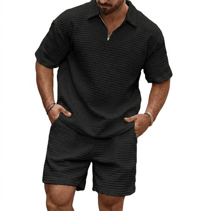Hombre Conjunto de Polo con Cremallera y Pantalones Cortos con Textura de Cuadrícula-Sets for Men-Casaluzia