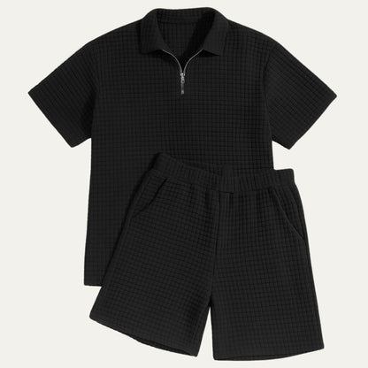 Hombre Conjunto de Polo con Cremallera y Pantalones Cortos con Textura de Cuadrícula-Sets for Men-Casaluzia