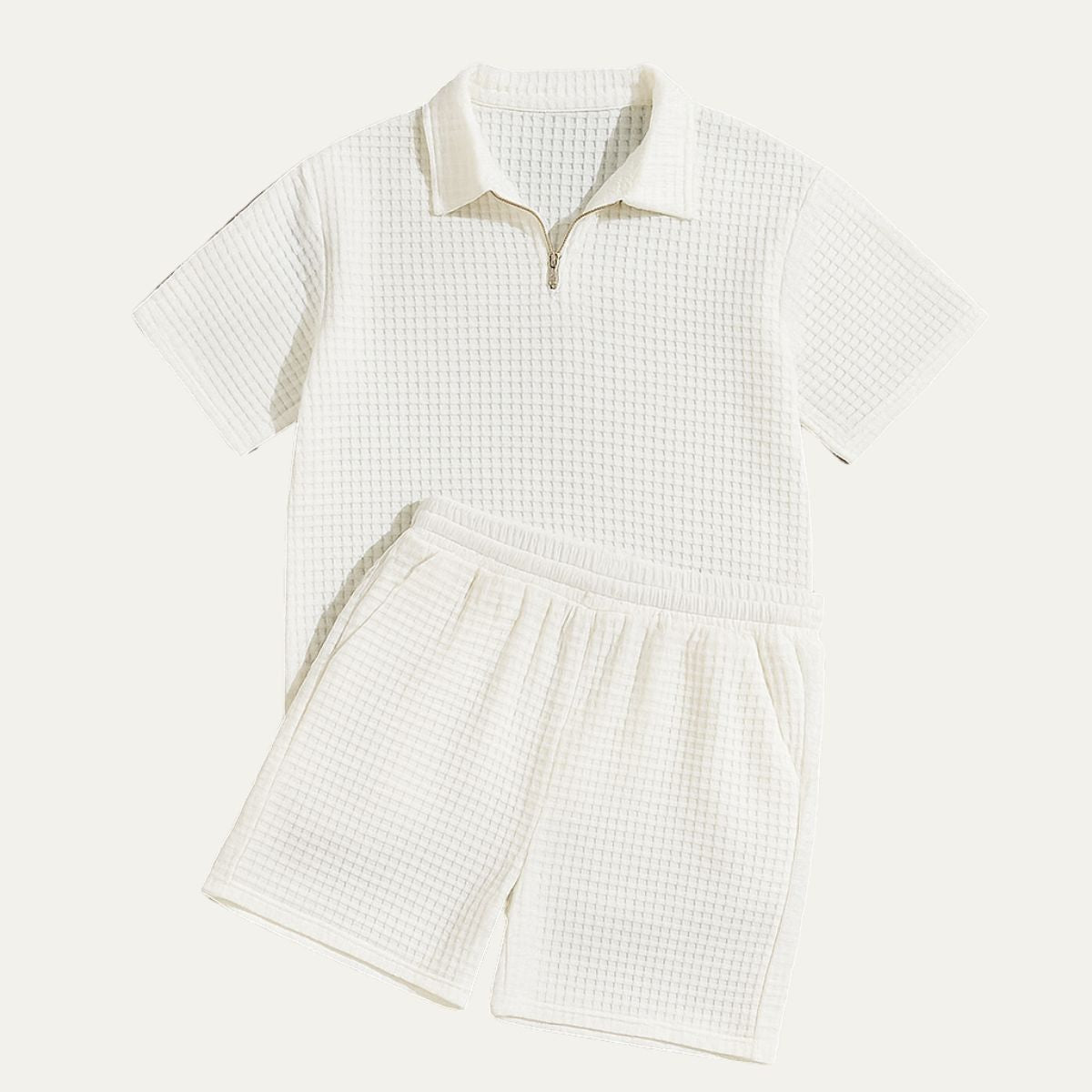 Hombre Conjunto de Polo con Cremallera y Pantalones Cortos con Textura de Cuadrícula-Sets for Men-Casaluzia