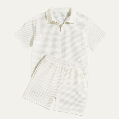 Hombre Conjunto de Polo con Cremallera y Pantalones Cortos con Textura de Cuadrícula-Sets for Men-Casaluzia