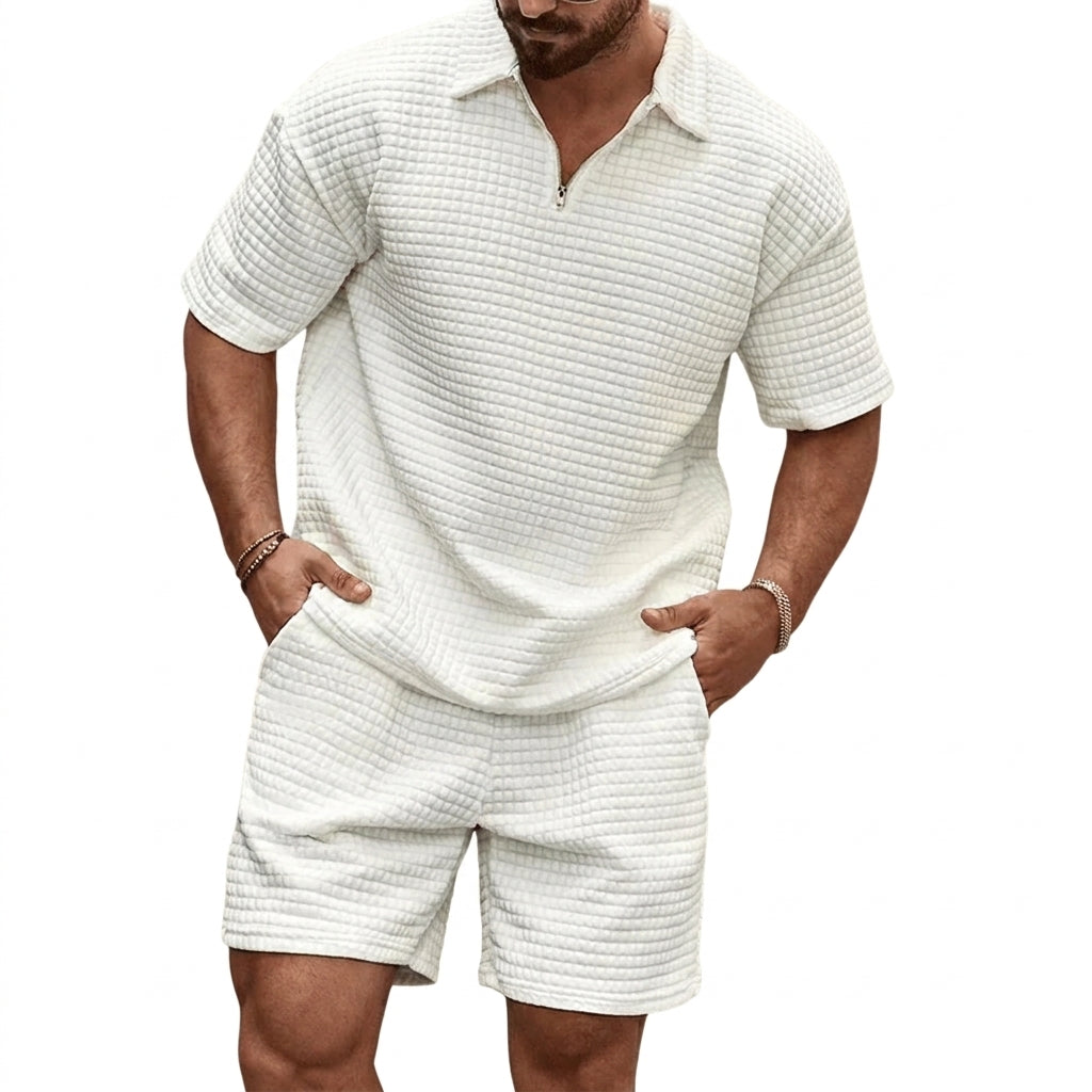 Hombre Conjunto de Polo con Cremallera y Pantalones Cortos con Textura de Cuadrícula-Sets for Men-Casaluzia