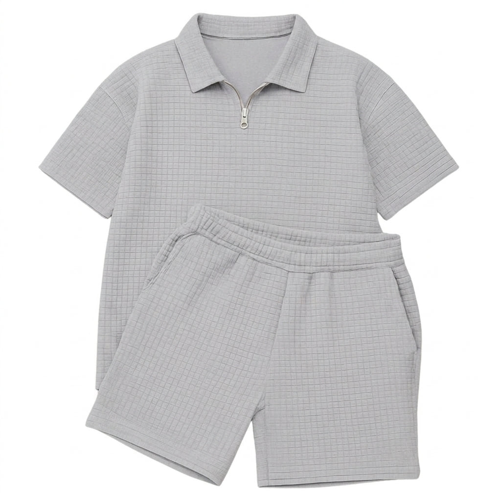 Hombre Conjunto de Polo con Cremallera y Pantalones Cortos con Textura de Cuadrícula-Sets for Men-Casaluzia