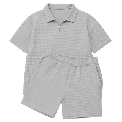 Hombre Conjunto de Polo con Cremallera y Pantalones Cortos con Textura de Cuadrícula-Sets for Men-Casaluzia